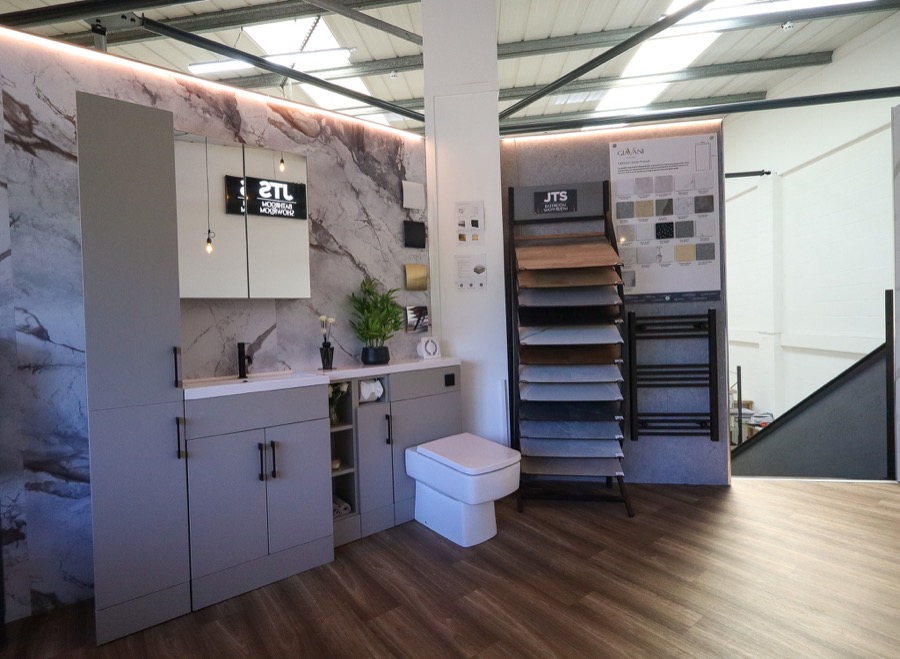 Grey vanity and WC display inside the JTS bathroom showroom